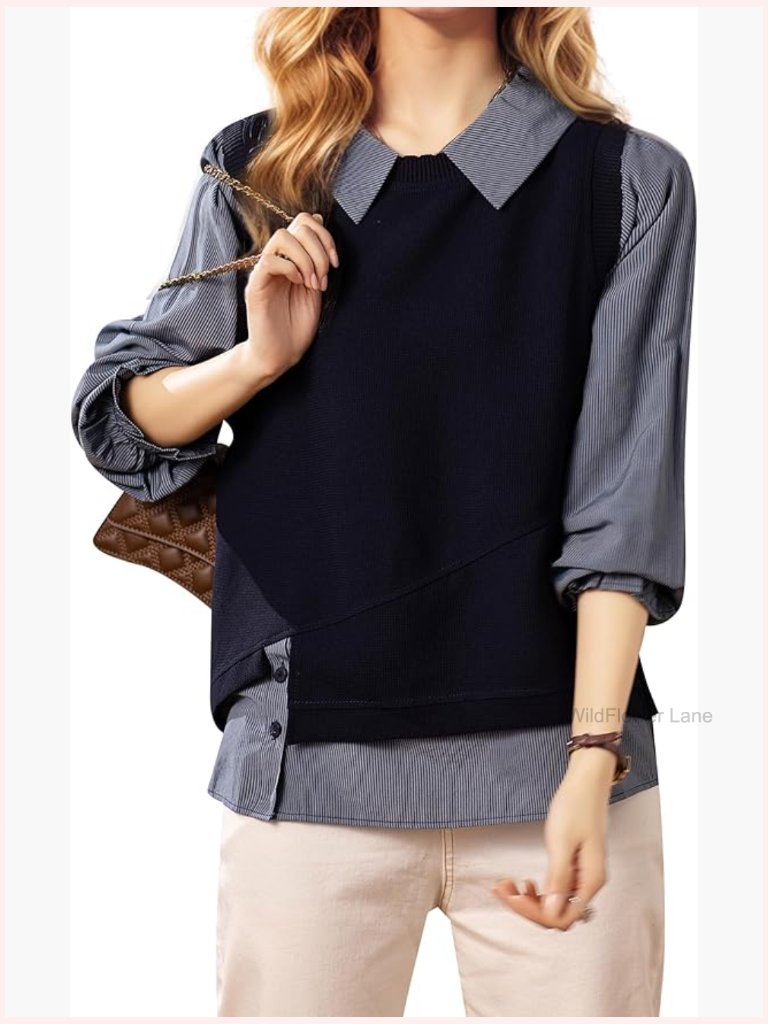 Women's Collared Patchwork Striped Long Sleeve Pullover Blouse